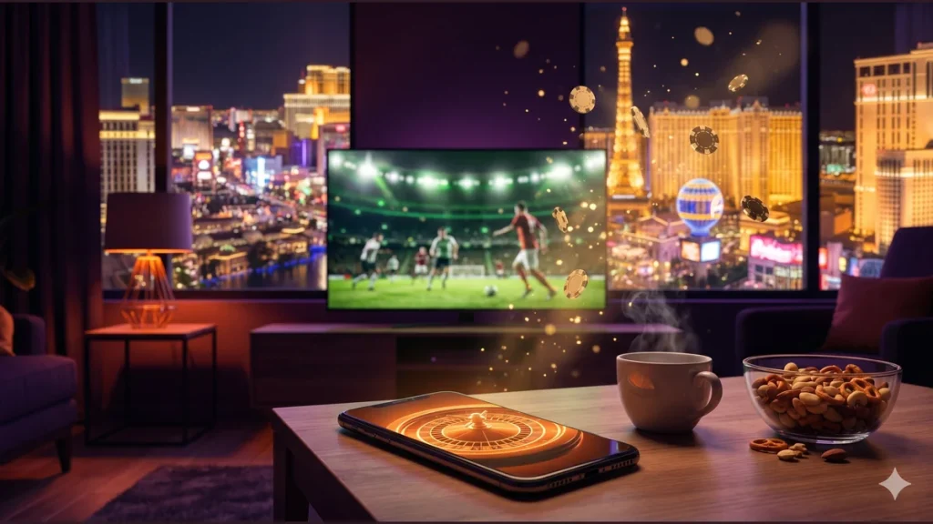 DaVegas maç gecesi ritüeli için Vegas manzaralı oturma odasında telefon ve TV maç ekranı