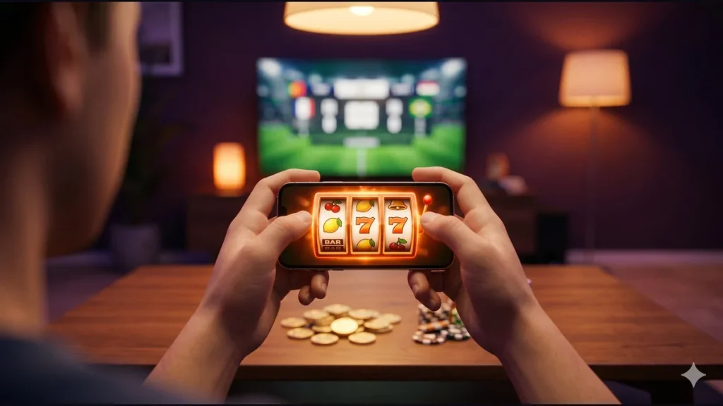 Maç öncesi DaVegas slot ısınma turu için ellerde tutulan telefon ekranında klasik slot makinesi