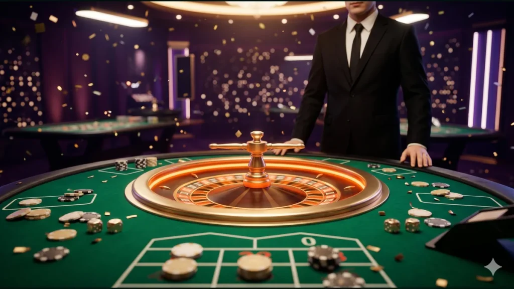 DaVegas maç sonrası canlı casino seansı yeşil çuhalı rulet masası ve krupiyer figürü